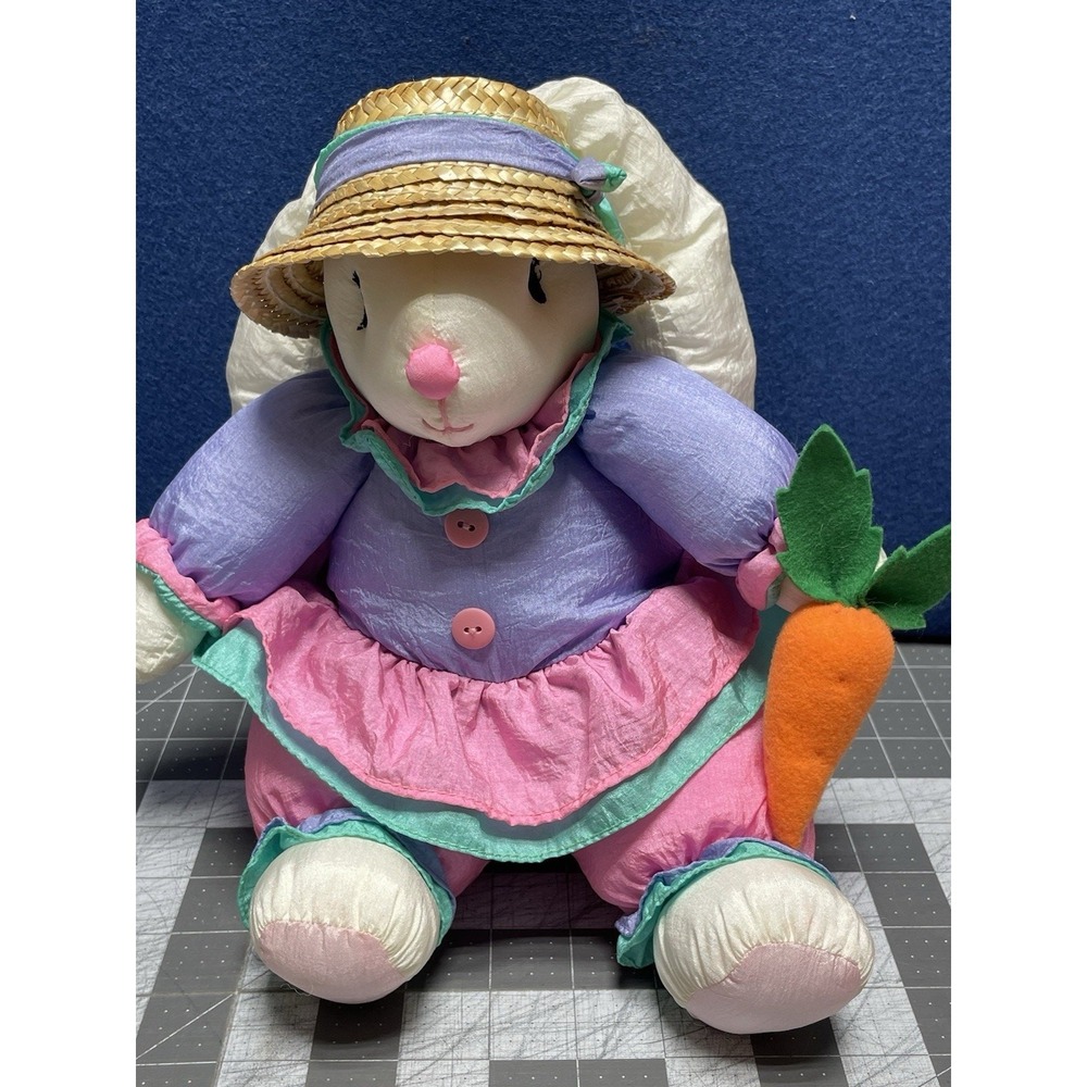 Nylon‎ Easter Bunny 11-inches in Purple Green Pink w/Straw Hat Holding Carrot
